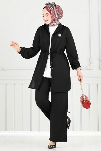 moda selvim Beli Tünelli Tesettür Takım 410DVL817 Siyah - Thumbnail