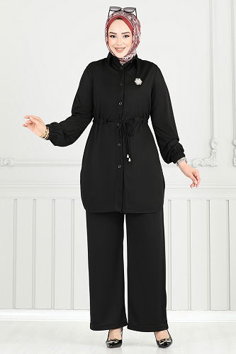 moda selvim Beli Tünelli Tesettür Takım 410DVL817 Siyah - Thumbnail