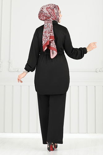 moda selvim Beli Tünelli Tesettür Takım 410DVL817 Siyah - Thumbnail