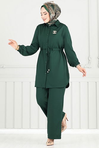 moda selvim Beli Tünelli Tesettür Takım 410DVL817 Zümrüt - Thumbnail