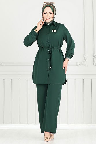 moda selvim Beli Tünelli Tesettür Takım 410DVL817 Zümrüt - Thumbnail