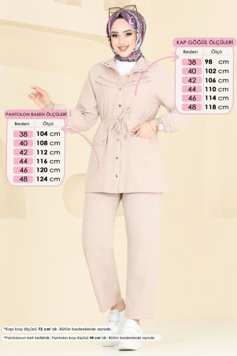 moda selvim Beli Tünelli Tesettür Takım 505MP806 Taş - Thumbnail