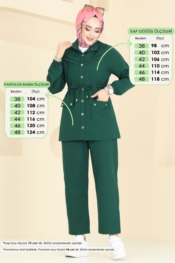 Modaselvim Kombin Beli Tünelli Tesettür Takım 505MP806 Zümrüt