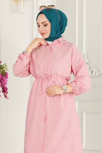 moda selvim Beli Tünelli Tesettür Tunik 3003HBS856 Desen 1 Pembe - Thumbnail