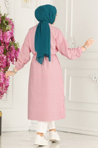 moda selvim Beli Tünelli Tesettür Tunik 3003HBS856 Desen 1 Pembe - Thumbnail