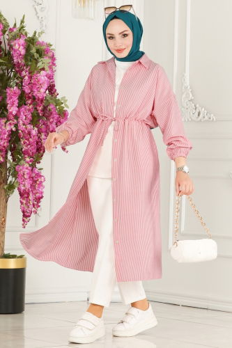 moda selvim Beli Tünelli Tesettür Tunik 3003HBS856 Desen 1 Pembe - Thumbnail