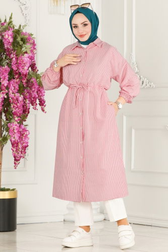 moda selvim Beli Tünelli Tesettür Tunik 3003HBS856 Desen 1 Pembe - Thumbnail