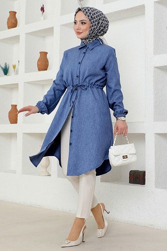 moda selvim Beli Tünelli Tesettür Tunik 3006KTR750 İndigo - Thumbnail