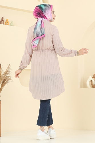 moda selvim Beli Tünelli Tesettür Tunik 3061KTR750 Bej - Thumbnail