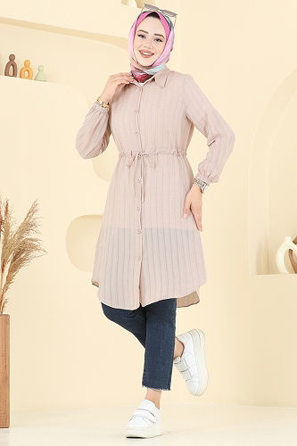 moda selvim Beli Tünelli Tesettür Tunik 3061KTR750 Bej - Thumbnail