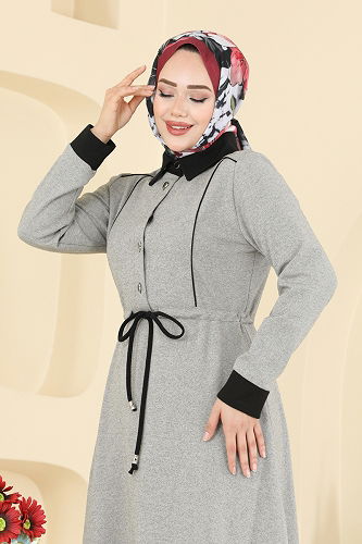 moda selvim Beli Tünelli Tivit Elbise PL9188 Gri - Thumbnail