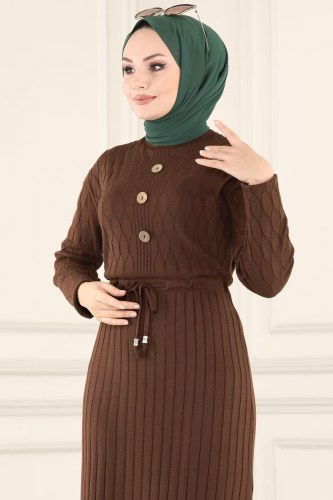 moda selvim Beli Tünelli Triko Elbise 628MT581 Kahve - Thumbnail