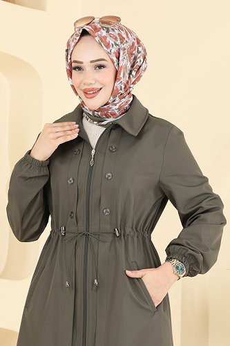 moda selvim Beli Tünelli Uzun Trençkot 2627MSA980 Haki - Thumbnail