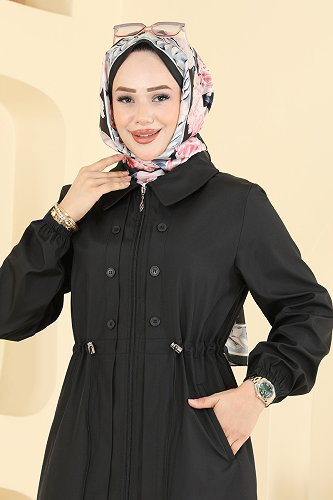 moda selvim Beli Tünelli Uzun Trençkot 2627MSA980 Siyah - Thumbnail