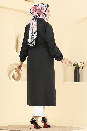 moda selvim Beli Tünelli Uzun Trençkot 2627MSA980 Siyah - Thumbnail