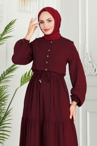 moda selvim Beli Tünelli Viskon Elbise 1126BG354 Bordo - Thumbnail