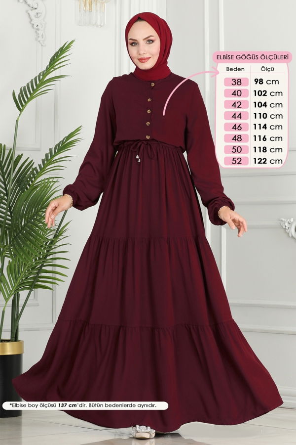 Modaselvim Elbise Beli Tünelli Viskon Elbise 1126BG354 Bordo