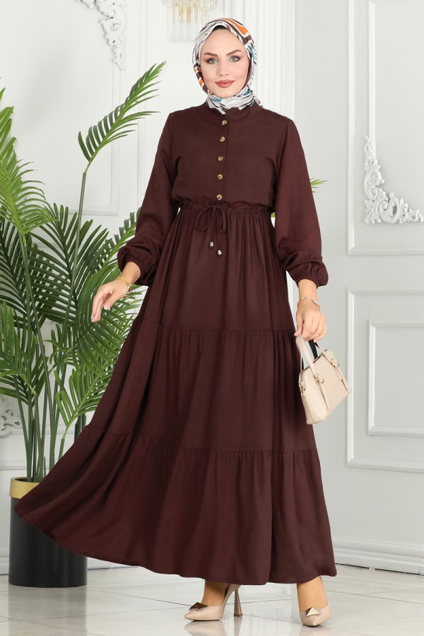 Modaselvim Elbise Beli Tünelli Viskon Elbise 1126BG354 Kahve