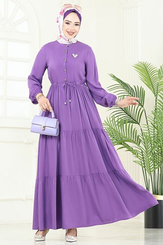 moda selvim Beli Tünelli Viskon Elbise 1126BG354 Lila - Thumbnail