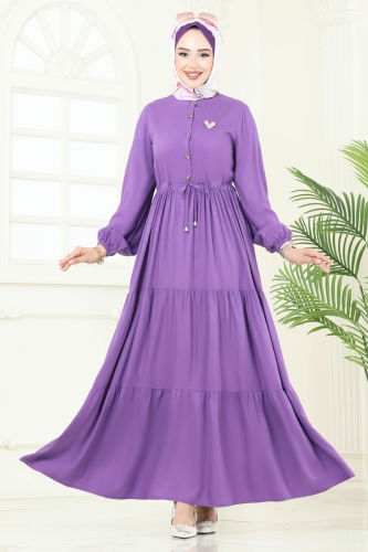 moda selvim Beli Tünelli Viskon Elbise 1126BG354 Lila - Thumbnail