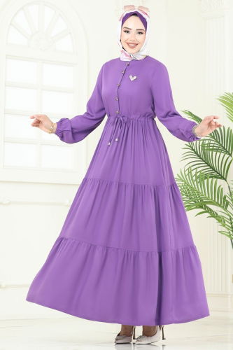 moda selvim Beli Tünelli Viskon Elbise 1126BG354 Lila - Thumbnail