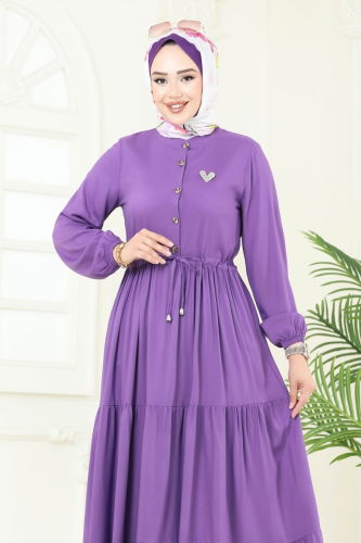 moda selvim Beli Tünelli Viskon Elbise 1126BG354 Lila - Thumbnail