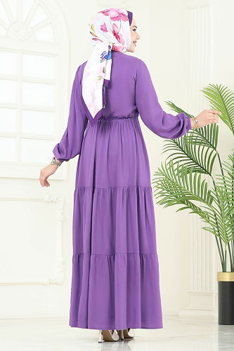 moda selvim Beli Tünelli Viskon Elbise 1126BG354 Lila - Thumbnail