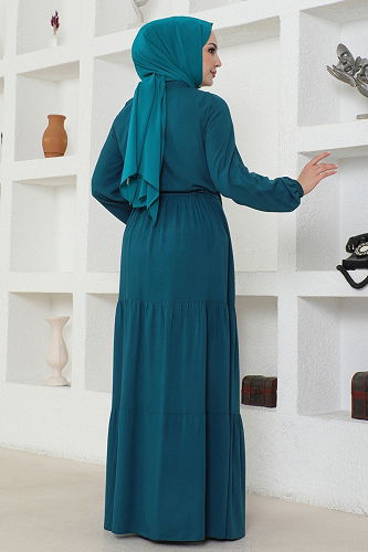 moda selvim Beli Tünelli Viskon Elbise 1126BG354 Petrol - Thumbnail