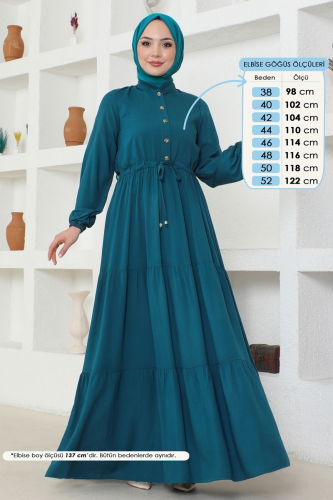 moda selvim Beli Tünelli Viskon Elbise 1126BG354 Petrol - Thumbnail
