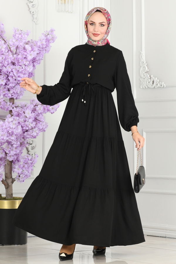 Modaselvim Elbise Beli Tünelli Viskon Elbise 1126BG354 Siyah