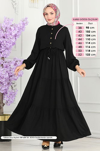 moda selvim Beli Tünelli Viskon Elbise 1126BG354 Siyah - Thumbnail