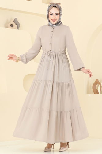 moda selvim Beli Tünelli Viskon Elbise 1126BG354 Taş - Thumbnail