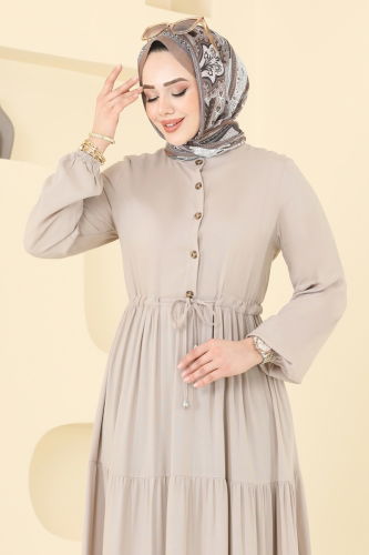 moda selvim Beli Tünelli Viskon Elbise 1126BG354 Taş - Thumbnail