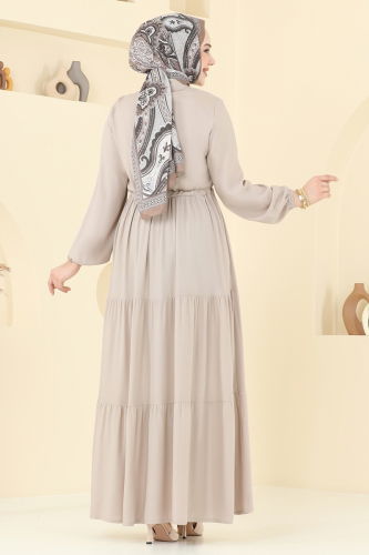 moda selvim Beli Tünelli Viskon Elbise 1126BG354 Taş - Thumbnail