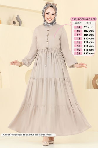 moda selvim Beli Tünelli Viskon Elbise 1126BG354 Taş - Thumbnail