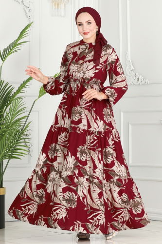 moda selvim Beli Tünelli Viskon Elbise 7119BG354 Bordo - Thumbnail