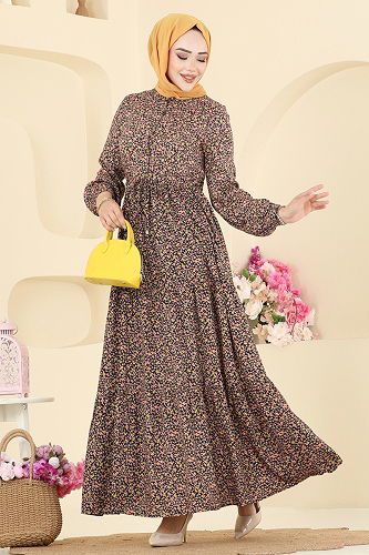 moda selvim Beli Tünelli Viskon Elbise 7136ERK1158 Pembe - Thumbnail