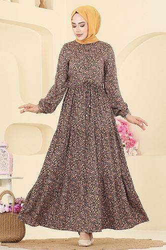 moda selvim Beli Tünelli Viskon Elbise 7136ERK1158 Pembe - Thumbnail