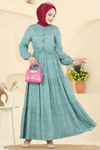 moda selvim Beli Tünelli Viskon Elbise 7136ERK1158 Turkuaz - Thumbnail