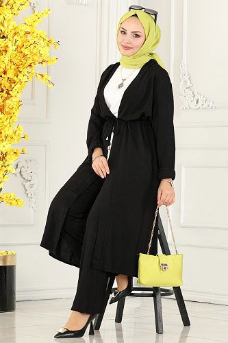 moda selvim Beli Tünelli Viskon Takım 8235BRZ597 Siyah - Thumbnail