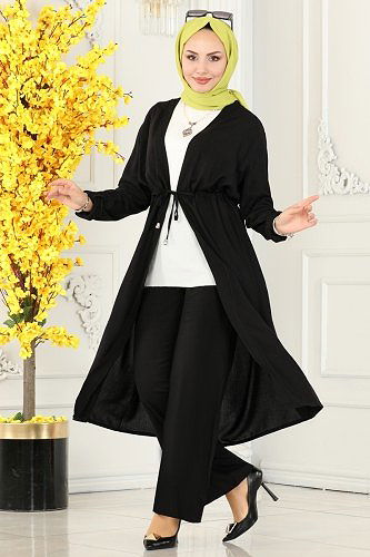 moda selvim Beli Tünelli Viskon Takım 8235BRZ597 Siyah - Thumbnail