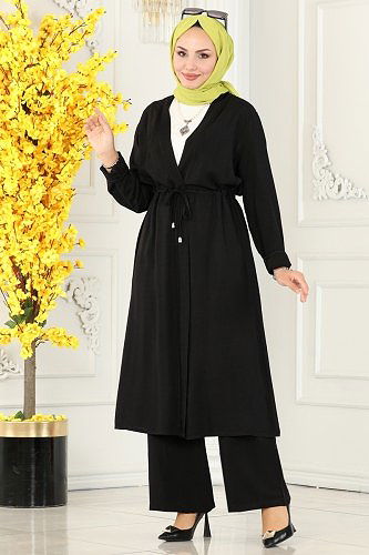 moda selvim Beli Tünelli Viskon Takım 8235BRZ597 Siyah - Thumbnail