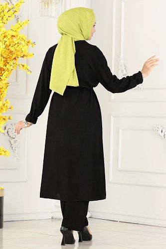 moda selvim Beli Tünelli Viskon Takım 8235BRZ597 Siyah - Thumbnail