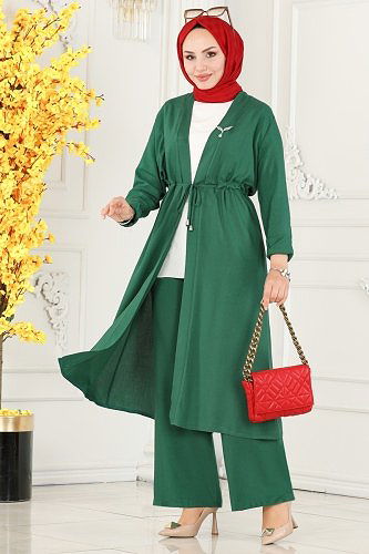 moda selvim Beli Tünelli Viskon Takım 8235BRZ597 Zümrüt - Thumbnail