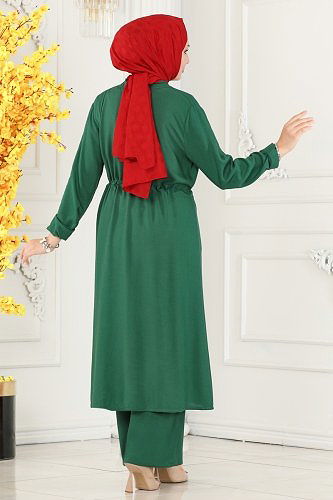 moda selvim Beli Tünelli Viskon Takım 8235BRZ597 Zümrüt - Thumbnail