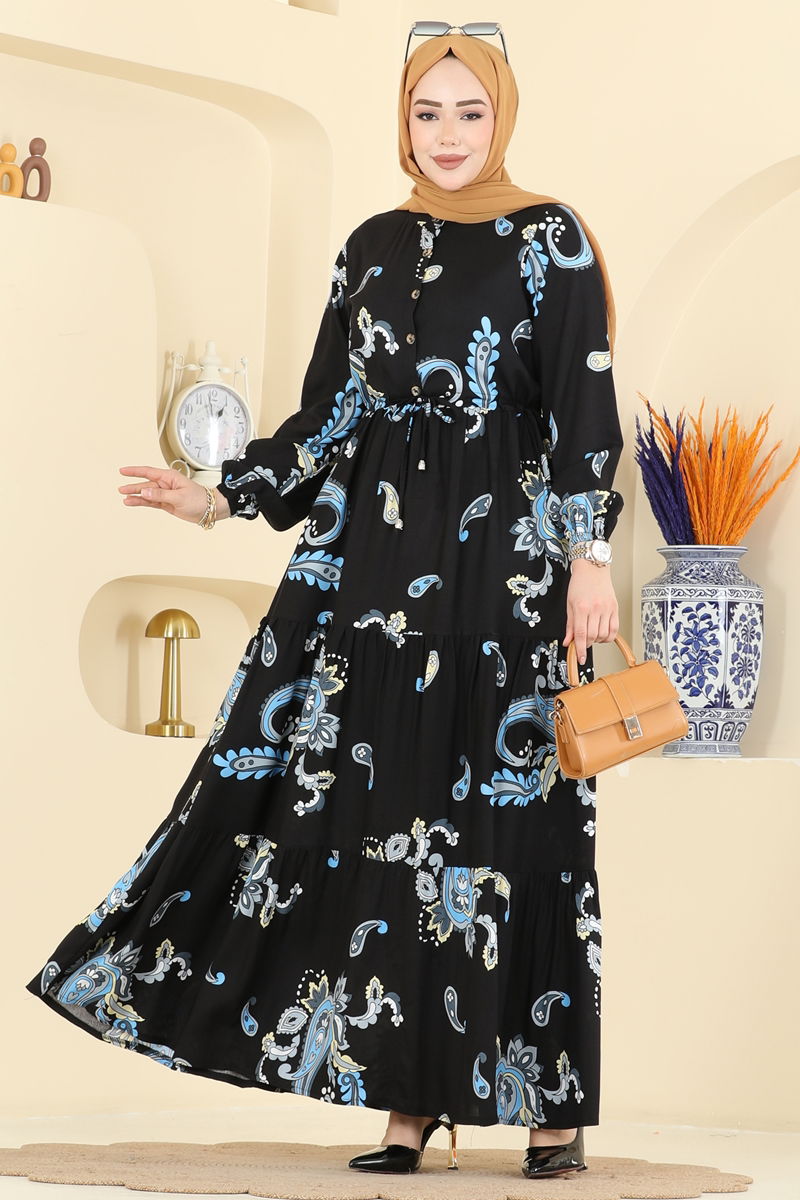 Beli Tünelli Zarif Elbise 7155ERK1158 Mavi&Siyah