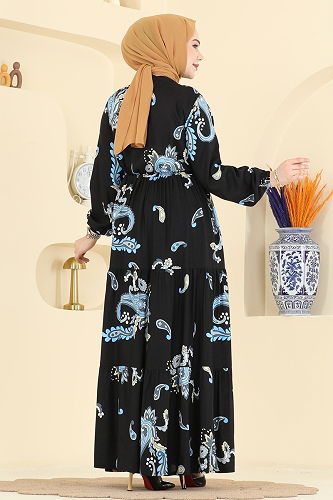 moda selvim Beli Tünelli Zarif Elbise 7155ERK1158 Mavi&Siyah - Thumbnail