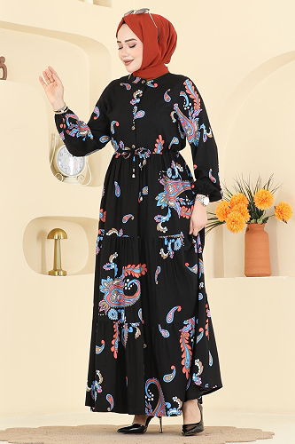 moda selvim Beli Tünelli Zarif Elbise 7155ERK1158 Oranj&Siyah - Thumbnail