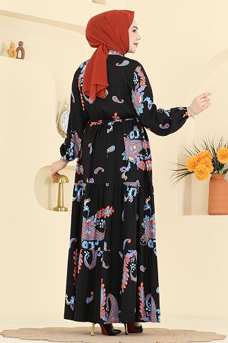 moda selvim Beli Tünelli Zarif Elbise 7155ERK1158 Oranj&Siyah - Thumbnail