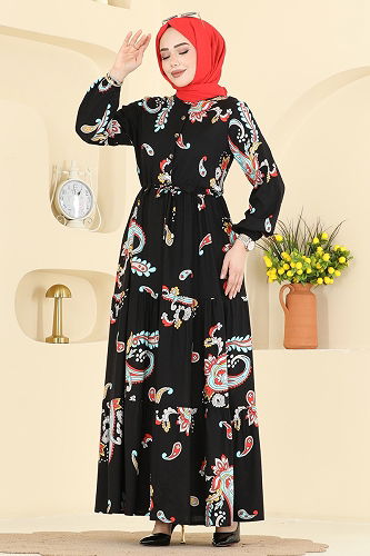 moda selvim Beli Tünelli Zarif Elbise 7155ERK1158 Su Yeşili&Siyah - Thumbnail